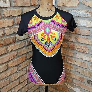 Trina Turk black & neon pattern top size Small